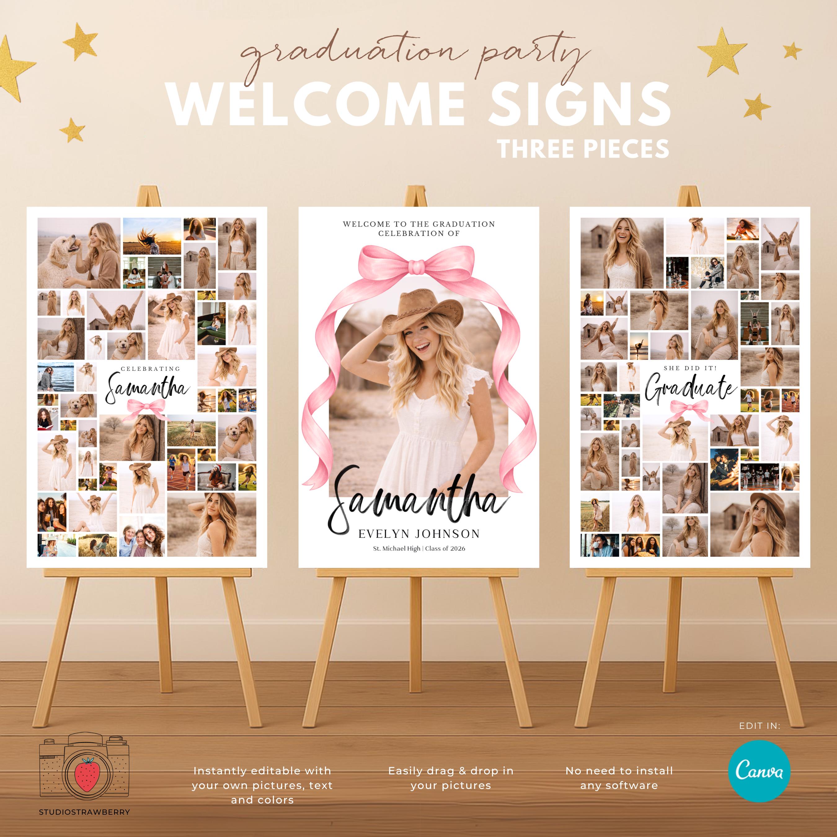 Pink Sign Grad Example Pink Bow Graduation Welcome Sign Set, Girl Graduate Photo Collage ...
