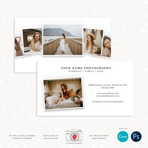 May include: A white business card design with a photography theme. The card features a collage of lifestyle photos and the text "YOUR NAME PHOTOGRAPHY". Contact information and social media handles are also included.