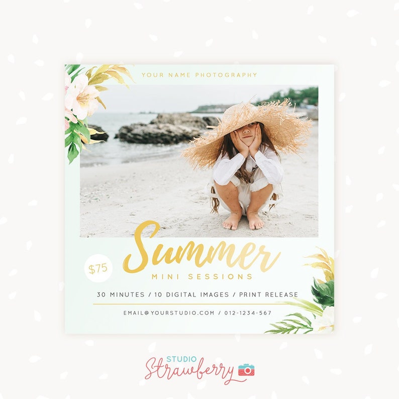 Summer Mini Session Template, Watercolor Floral Summer Mini Sessions, Marketing Board, Photoshop Template, Photography Marketing Set, PSD image 1