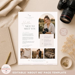 Op de afbeelding: Een bewerkbare 'Over mij'-paginasjabloon met de tekst "Hello, Nice to Meet You" en "I'm Ashley". Het ontwerp bevat een foto van een vrouw met een camera en voorbeeldfoto's van bruiloften. Een notitieboek en pen zijn zichtbaar.