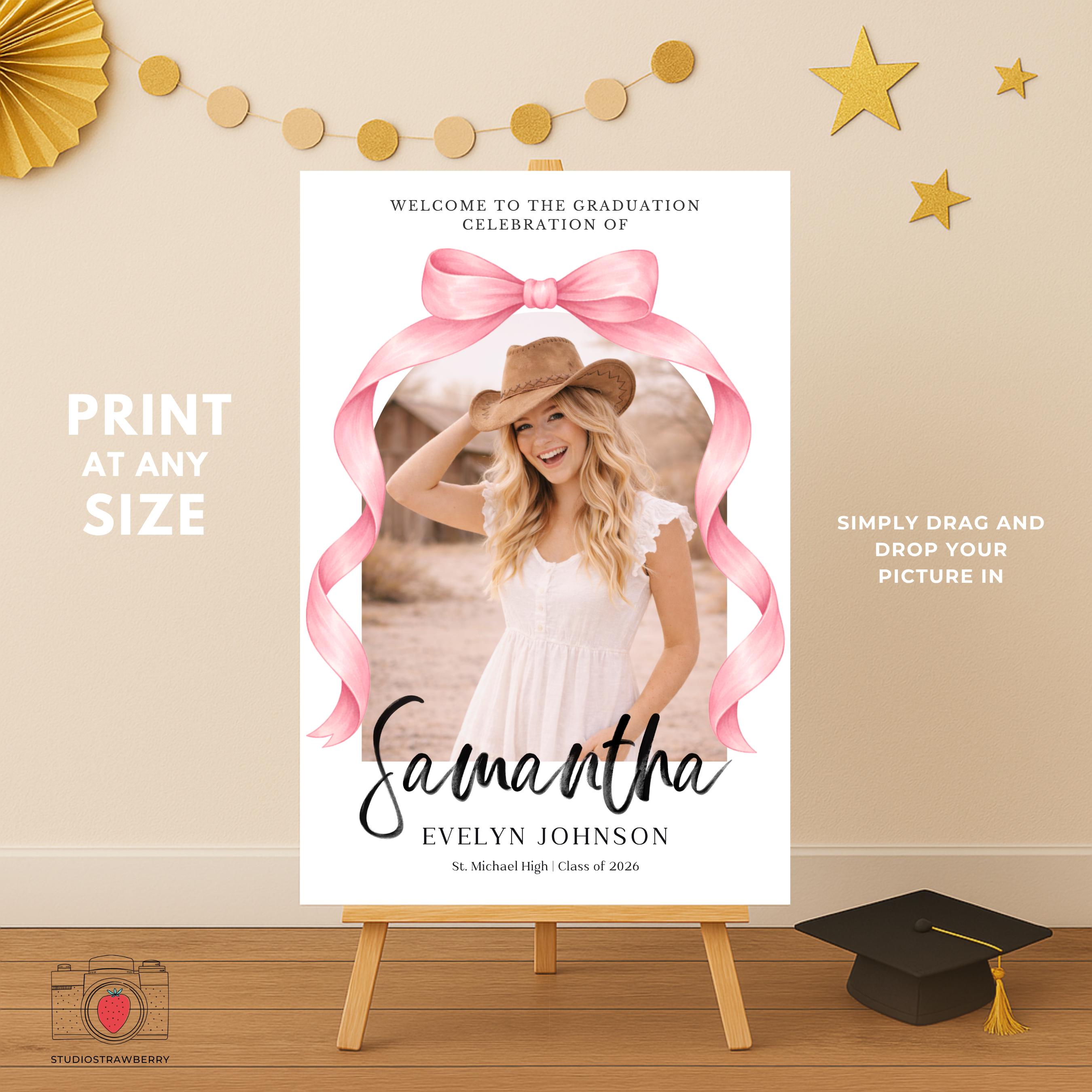 Pink Sign Grad Example Pink Bow Graduation Welcome Sign Set, Girl Graduate Photo Collage ...
