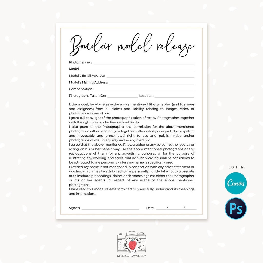 Boudoir Model Release Form, Boudoir Photography Form, Canva, Model