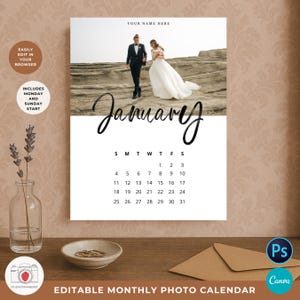 Editable Monthly Photo Calendar Template, Custom Family Wall Calendar, Canva A4 Letter, Monday or Sunday Start, 12 Month Printable