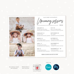 Bevorstehende Sitzungen Fotografie Vorlage, Mini-Sitzungen Kalenderkarte, Fotografie Marketing Board, Übersicht über die Sitzungsdaten, Sitzungsplan