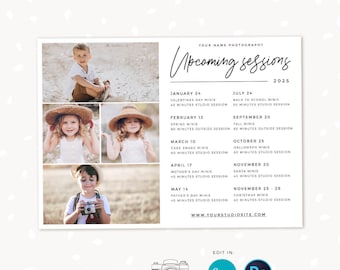 Upcoming sessions photography template, mini sessions calendar card, photography marketing board, session dates overview, sessions schedule