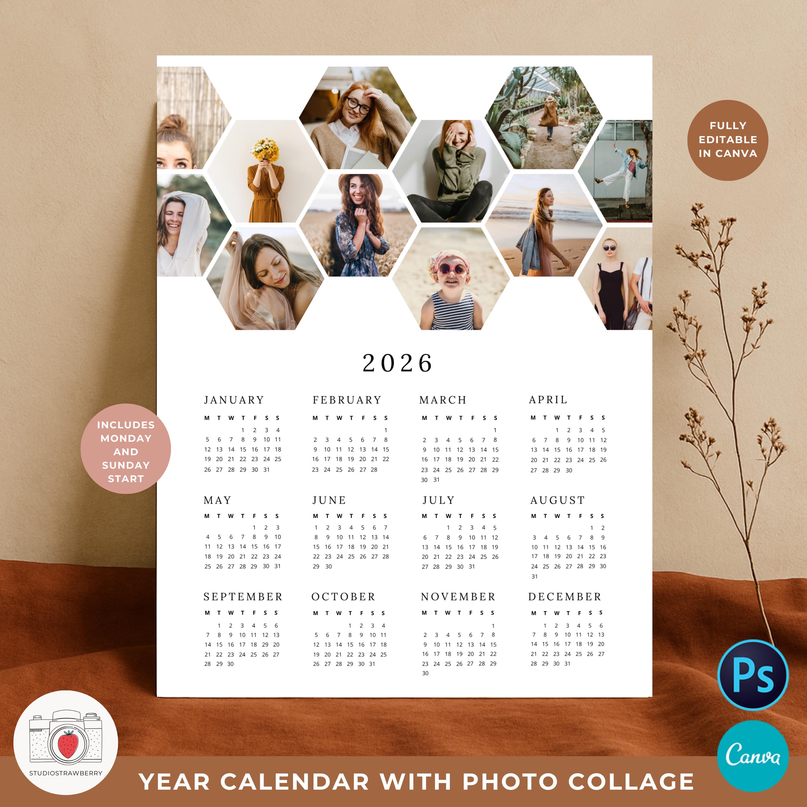 2026 One Page Wall Calendar Template With Honeycomb Photo Collage ...