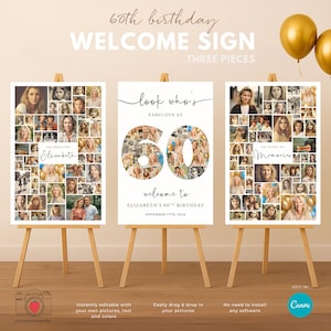 Letrero de bienvenida editable para 60 cumpleaños con fotos / Juego de 3 pósteres de collage de fotos de Canva / Letrero imprimible con foto del número 60
