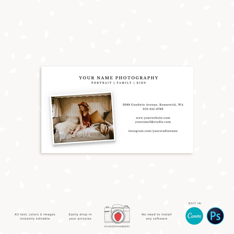 May include: A white business card template with the text "YOUR NAME PHOTOGRAPHY" and contact information. Includes a photo of a person in a hat. The card also has the text "PORTRAIT | FAMILY | KIDS". The bottom of the card has the text "All text, colors & images instantly editable".