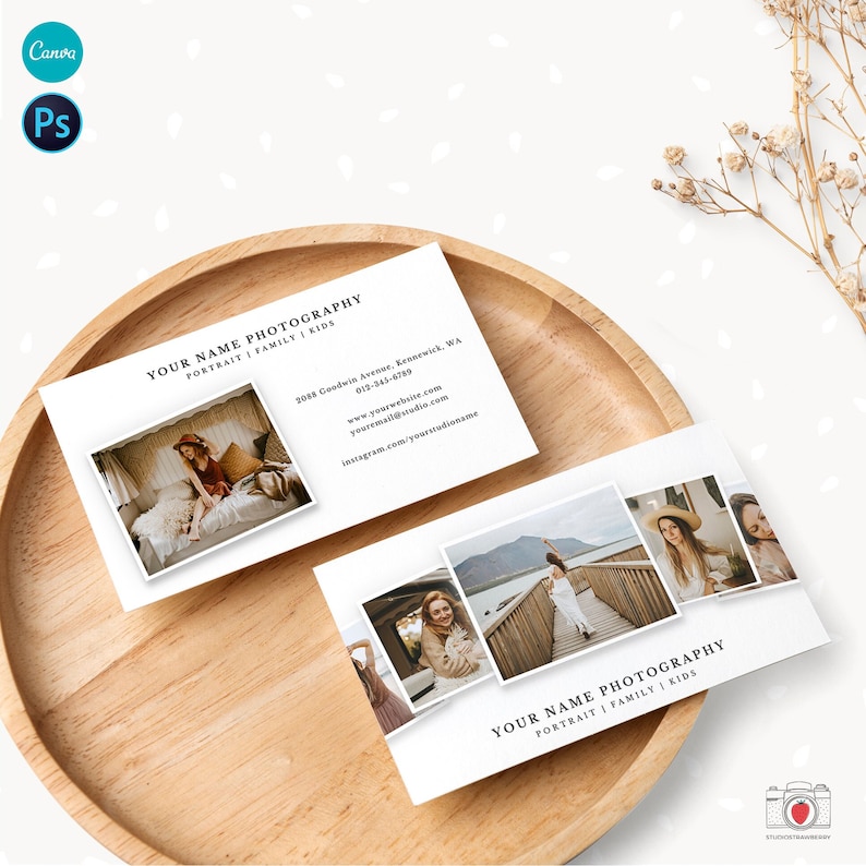 May include: Business cards with the text "YOUR NAME PHOTOGRAPHY PORTRAIT | FAMILY | KIDS" and sample photos. The cards are on a wooden tray with dried flowers. The cards also include contact information.