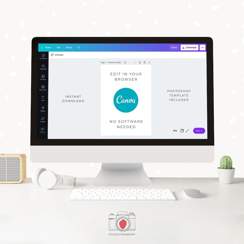 May include: A computer screen displaying a Canva design template with the text "Edit in your browser" and "No software needed". The Canva logo is visible in the center of the screen. The text "Photoshop template included" is displayed on the right side of the screen.