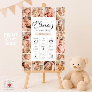 Letrero de bienvenida editable para el primer cumpleaños con datos sobre el bebé y collage de fotos / Póster de hito del primer cumpleaños de Canva / Descarga digital imprimible
