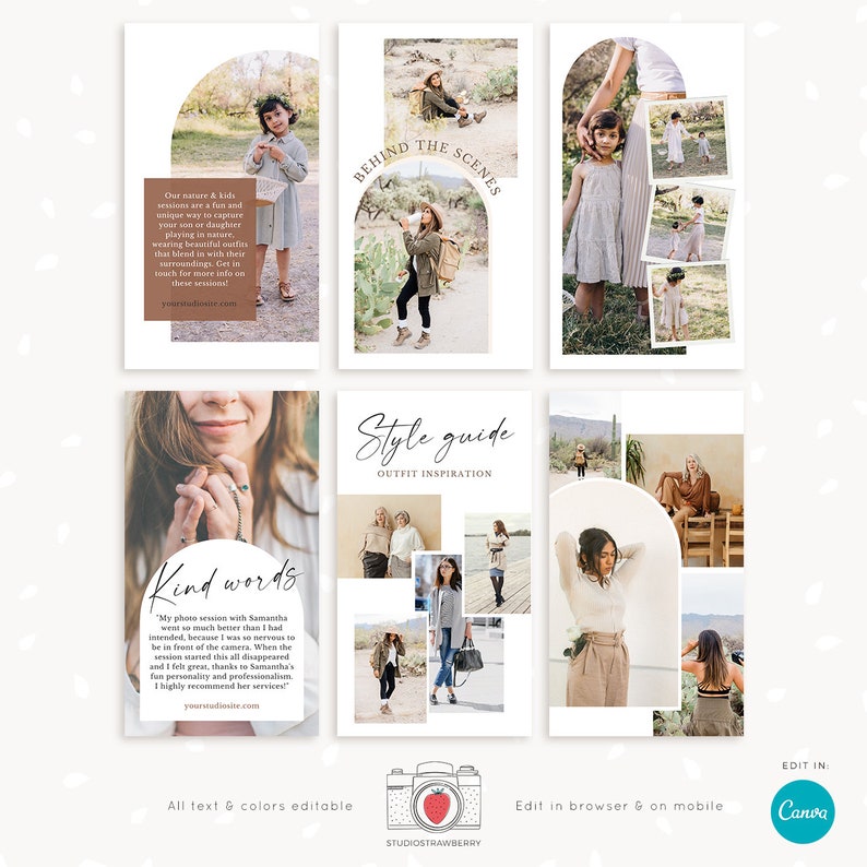 May include: A set of four Instagram story templates with a neutral color scheme. The templates feature a collage of photos with a rounded arch shape and text overlays. The text includes "Behind the Scenes", "Kind Words", "Style Guide", and "Outfit Inspiration".
