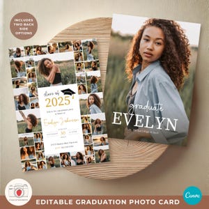 Editable Graduation Photo Card with Large Collage Layout | Canva Template with Photo Grid | Class of 2025 Announcement | G01 | L03
