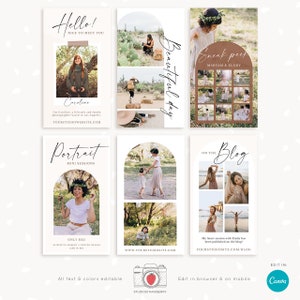 May include: A set of Instagram story templates for photographers. The templates feature a variety of images, including portraits, landscapes, and lifestyle shots. The text on the templates includes the photographer's name, website, and social media handles. The templates are designed to be used to promote the photographer's work and connect with potential clients.