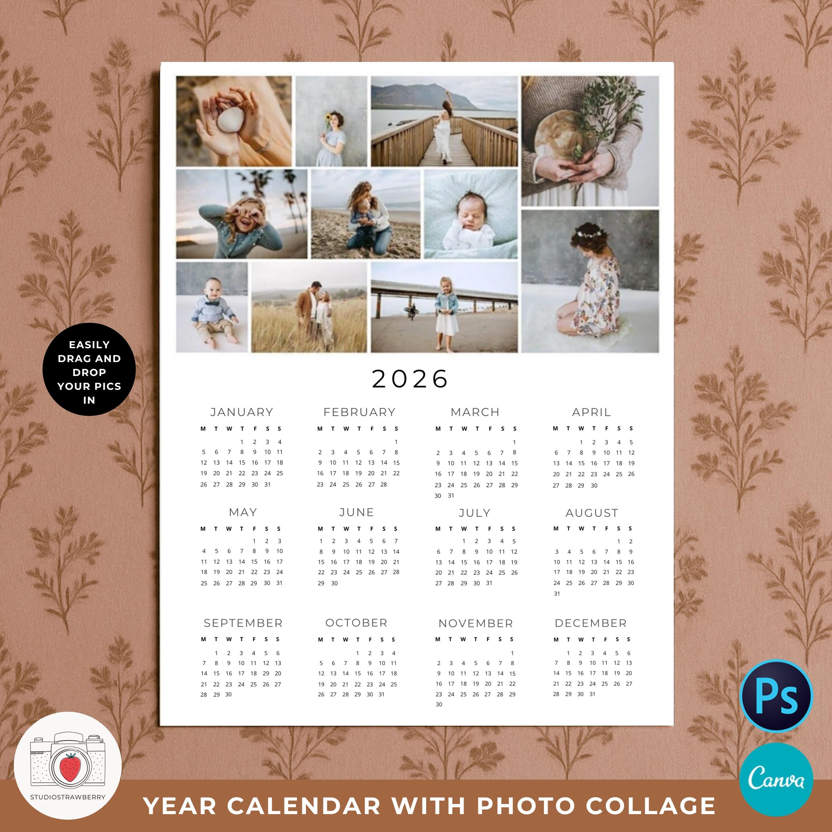 Editable 2026 Photo Calendar Template Canva & Photoshop | Year at a ...