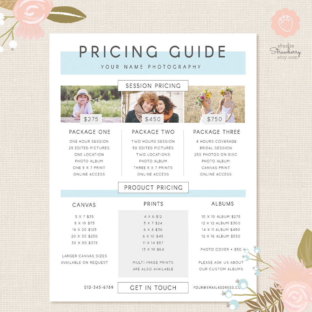 Photography Pricing Template, Pricing Guide Template, Pricing List