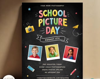 Plantilla editable de volante para el día de la fotografía escolar, póster imprimible para el día de la fotografía escolar, volante de marketing de fotografía escolar estilo pizarra de Canva