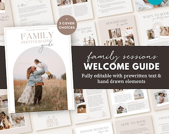 Puede incluir: Una guía de bienvenida para sesiones de fotografía familiar. La portada presenta a una pareja sosteniendo a su hijo en un campo. La guía incluye información sobre reservas, sesiones, cronogramas y retratos de mascotas. El texto es totalmente editable con texto preescrito y elementos dibujados a mano.