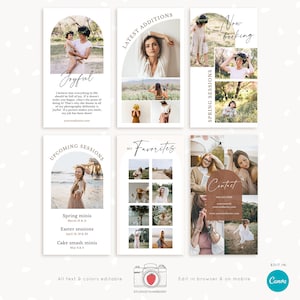 May include: A set of six Instagram story templates for photographers. The templates feature a light background with a rounded arch shape and text that says "Joyful", "Latest Additions", "Now Booking", "Upcoming Sessions", "My Favorites", and "Contact".