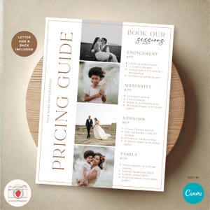 Könnte beinhalten: Ein weißer und goldener Preisführer für Fotodienstleistungen. Der Leitfaden listet Preise für Verlobungs-, Schwangerschafts-, Neugeborenen- und Familienshootings auf. Jede Sitzung beinhaltet eine bestimmte Anzahl bearbeiteter Bilder in einer Online-Galerie. Der Leitfaden enthält auch einen Call-to-Action, um den Leitfaden in Canva zu bearbeiten.