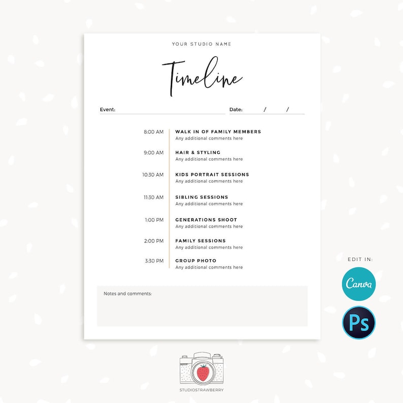 Pode incluir: Um modelo de linha do tempo vertical branco com a palavra "Timeline" em fonte manuscrita. A programa&ccedil;&atilde;o inclui hor&aacute;rios e eventos como "Walk in of Family Members", "Hair & Styling" e "Group Photo". O modelo &eacute; projetado para um est&uacute;dio de fotografia.