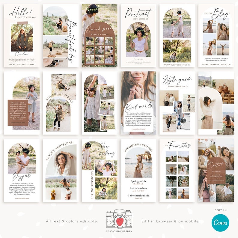 May include: A collage of 12 Instagram story templates with a neutral color palette of beige, brown, and white. The templates feature a variety of images, including portraits, landscapes, and lifestyle shots. The text on the templates includes phrases like "Hello!", "Beautiful day", "Behind the Scenes", "Latest Additions", "New Booking", "Upcoming Sessions", "Style Guide", "Kind Words", "On the Blog", "Portrait", "Favorites", and "Contact".
