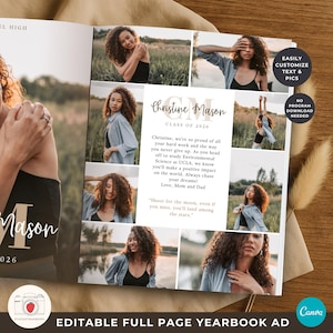 May include: A full-page yearbook advert featuring a collage of photographs of a young woman with curly hair. The advert includes the name "Christine Mason" and the text "Class of 2026." The advert is customisable with text and pictures.