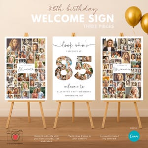 Puede incluir: Juego de tres carteles de bienvenida para el 85 cumpleaños. Cada cartel presenta un collage de fotos. Los carteles dicen "85 cumpleaños", "Cartel de bienvenida", "Mira quién es fabuloso a los 85" y "Bienvenida al 85 cumpleaños de Elizabeth".