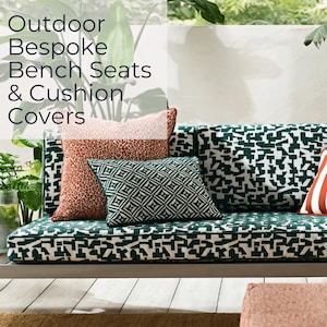May include: Outdoor bench with green and white patterned cushions and a red and white striped cushion. The text "Outdoor Bespoke Bench Seats & Cushion Covers" is displayed in white text on a white background.
