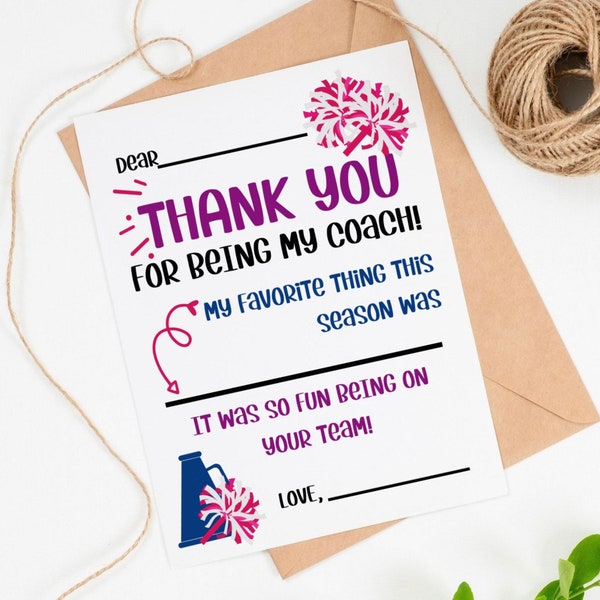 Cheer PRINTABLE Thank You Card for Coach, INSTANT DOWNLOAD, Kids Cards Fill in the Blank, End of Season Cheerleading Coach Appreciation