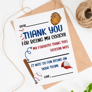 Baseball PRINTABLE Thank You Card for Coach, INSTANT DOWNLOAD, Kids Thank You Cards Fill in the Blank, End of Season Coach Appreciation