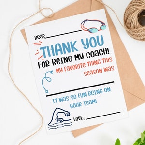 Tarjeta de agradecimiento para entrenador IMPRIMIBLE para nadar DESCARGA INSTANTÁNEA Tarjetas de agradecimiento para niños Complete el espacio en blanco Fin de temporada Natación Agradecimiento al entrenador