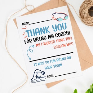 Swim PRINTABLE Thank You Card for Coach, INSTANT DOWNLOAD, Kids Thank You Cards Fill in the Blank, End of Season Swimming Coach Appreciation