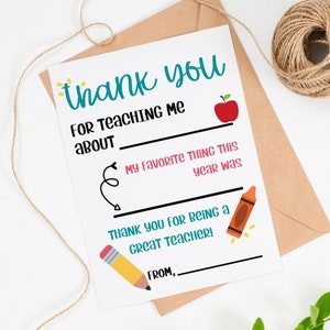 PRINTABLE Teacher Thank You Cards for Teacher Appreciation, Teacher Thank You Note for Teacher Gift Ideas, Fill in the Blank Cards from Kids