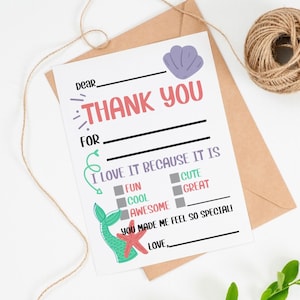 Zeemeermin AFDRUKBARE bedankkaarten voor kinderen Vul de blanco bedankkaartjes voor het leren van dankbaarheid in Leuke bedankkaarten van kinderen