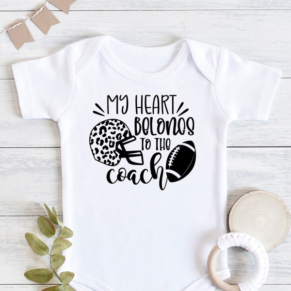 Football Baby Bodysuit Baby Shower Gift for Football Coach Baby Announcement for Coach’s Kid Game Day Outfit My Heart Belongs to Coach