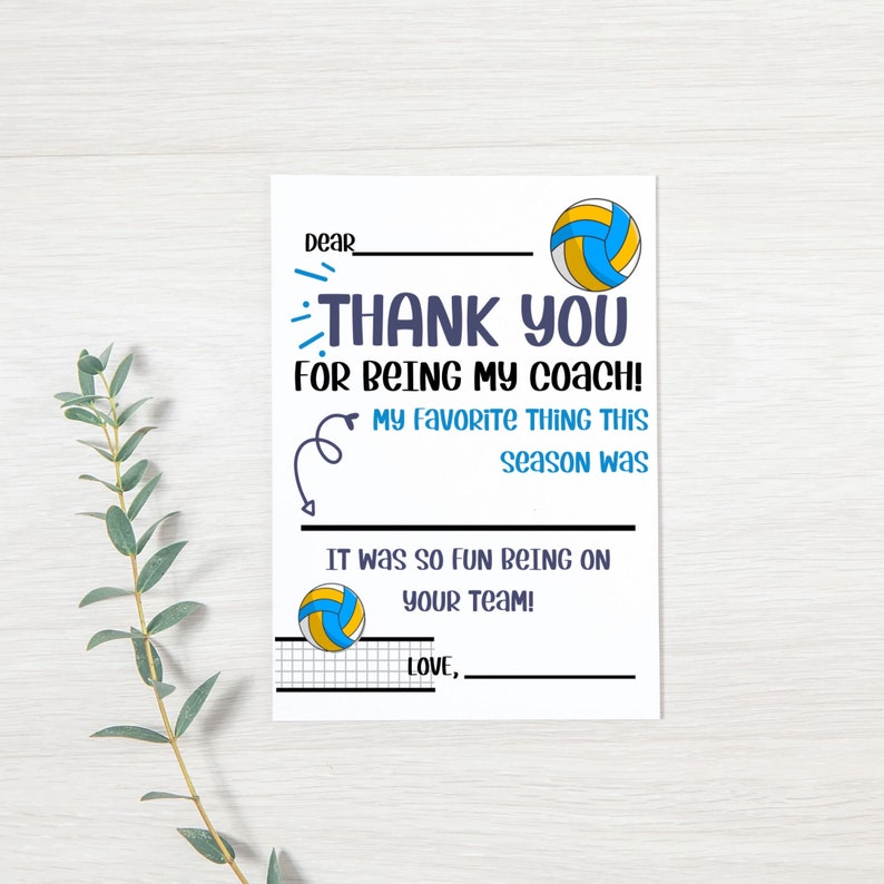 Volleyball PRINTABLE Thank You Card for Coach INSTANT Etsy