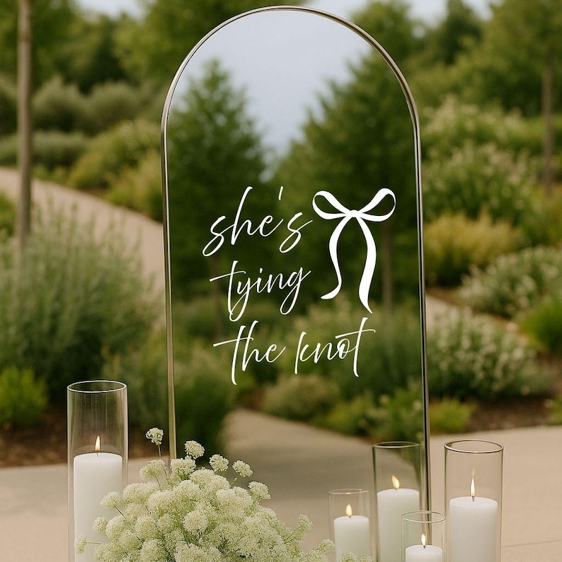 Welcome guests in style with this bow bridal shower welcome decal, featuring a sweet “She’s Tying the Knot” design perfect for bridal showers and bachelorette parties.