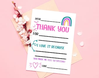 Rainbow PRINTABLE Thank You Cards for Kids, INSTANT DOWNLOAD, Fill in the Blank Thank You Cards, Printable Thank You Notecards, Thank You