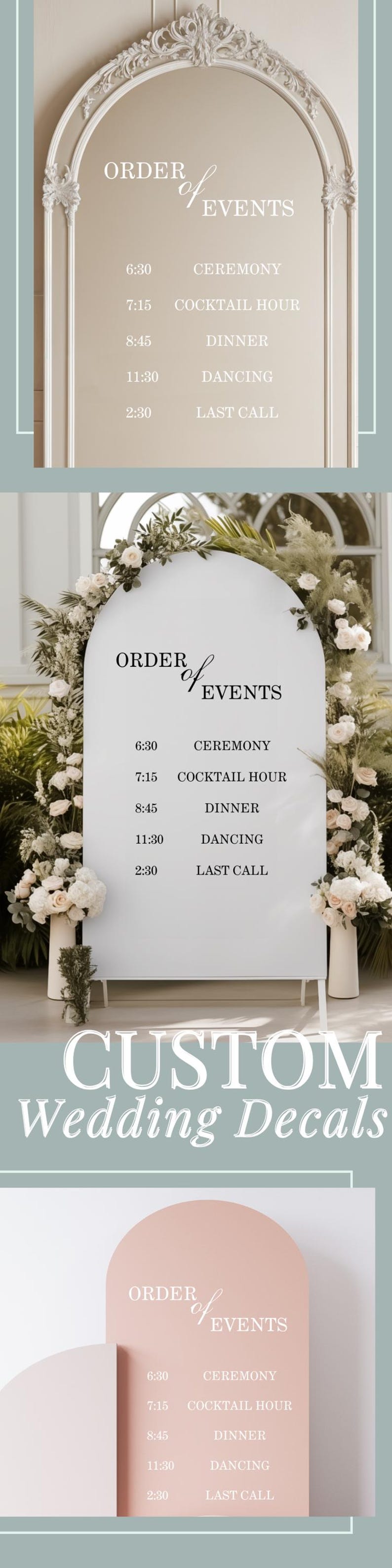 Order of Event Sign Wedding Itinerary Welcome Wedding Timeline Sign for Mirror Custom Wedding Timeline Sign Decal for Wedding Decoration

Guide your guests through your big day with this elegant order of events sign, designed as a custom wedding itinerary decal for mirrors or acrylic boards. This personalized wedding timeline sign adds a stylish and organized touch to your ceremony or reception decor.