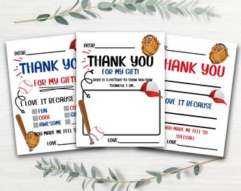 Baseball PRINTABLE Kids Thank You Cards for Toddler Birthday, Digital Design Template for Printable Activity, Preschool Fill in the Blank