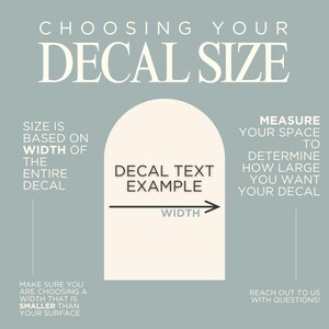 May include: An instructional graphic on a sage green background titled CHOOSING YOUR DECAL SIZE. It features a cream-colored arch shape labeled DECAL TEXT EXAMPLE with a horizontal arrow indicating the width. Text provides guidance on measuring.