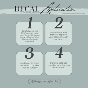 Puede incluir: Un gr&aacute;fico gris claro con instrucciones para la aplicaci&oacute;n de una calcoman&iacute;a. Los pasos est&aacute;n numerados del 1 al 4, con texto que describe cada paso. El texto incluye "peel top film", "place decal", "press decal" y "peel back transfer tape". El texto "DECAL Application" est&aacute; en la parte superior.
