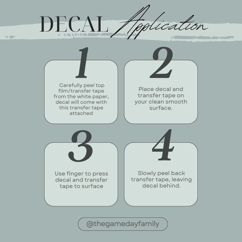 Puede incluir: Un gr&aacute;fico gris claro con instrucciones para la aplicaci&oacute;n de una calcoman&iacute;a. Los pasos est&aacute;n numerados del 1 al 4, con texto que describe cada paso. El texto incluye "peel top film", "place decal", "press decal" y "peel back transfer tape". El texto "DECAL Application" est&aacute; en la parte superior.