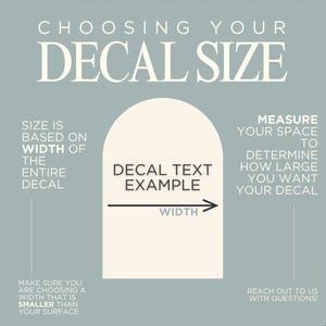 May include: A light blue informational graphic titled CHOOSING YOUR DECAL SIZE. It features a cream-colored arch shape with the text DECAL TEXT EXAMPLE and a horizontal arrow labeled WIDTH. Text instructions guide the user on measuring space.