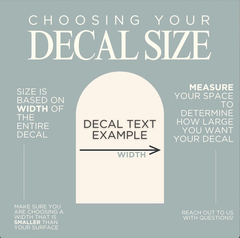 May include: A light blue informational graphic titled CHOOSING YOUR DECAL SIZE. It features a cream-colored arch shape with the text DECAL TEXT EXAMPLE and a horizontal arrow labeled WIDTH. Text instructions guide the user on measuring space.