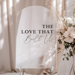 May include: A clear, arched acrylic sign featuring black text that reads THE LOVE THAT Built Us. The sign is supported by a metal stand at the base, showcasing a smooth, transparent surface with bold, legible lettering in a mix of serif and script fonts.