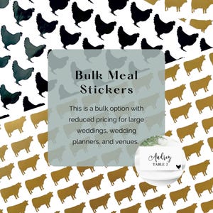 Bulk meal stickers for large weddings, venues, wedding planners. Set of 100 per meal choice

0.5 inch cut out chicken and beef sticker decals, gold and black