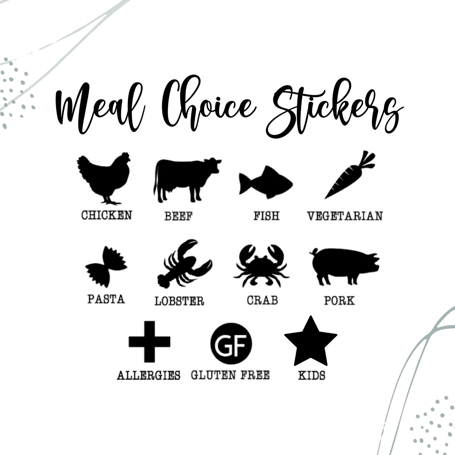Weddng Tent Place Card Meal Stckers, Weddng Meal Decals, Menu