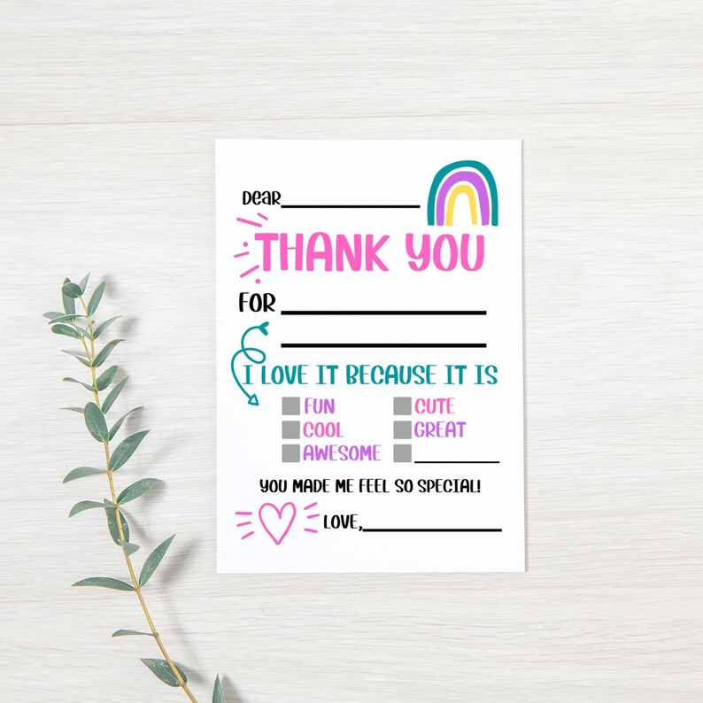 K&ouml;nnte beinhalten: Eine druckbare Dankeskarte mit einem Regenbogen-Design. Die Karte hat Platz zum Schreiben von "Liebe/r", "Danke f&uuml;r" und "Liebe,". Au&szlig;erdem gibt es einen Bereich, um K&auml;stchen f&uuml;r "Spa&szlig;", "Cool", "Fantastisch", "S&uuml;&szlig;", "Gro&szlig;artig" anzukreuzen. Der Text lautet "Ich liebe es, weil es..."
